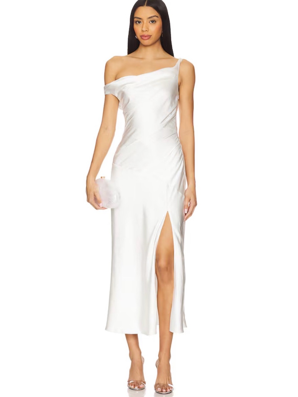 REVOLVE White One-Shoulder Satin Midi Dress with Thigh Slit